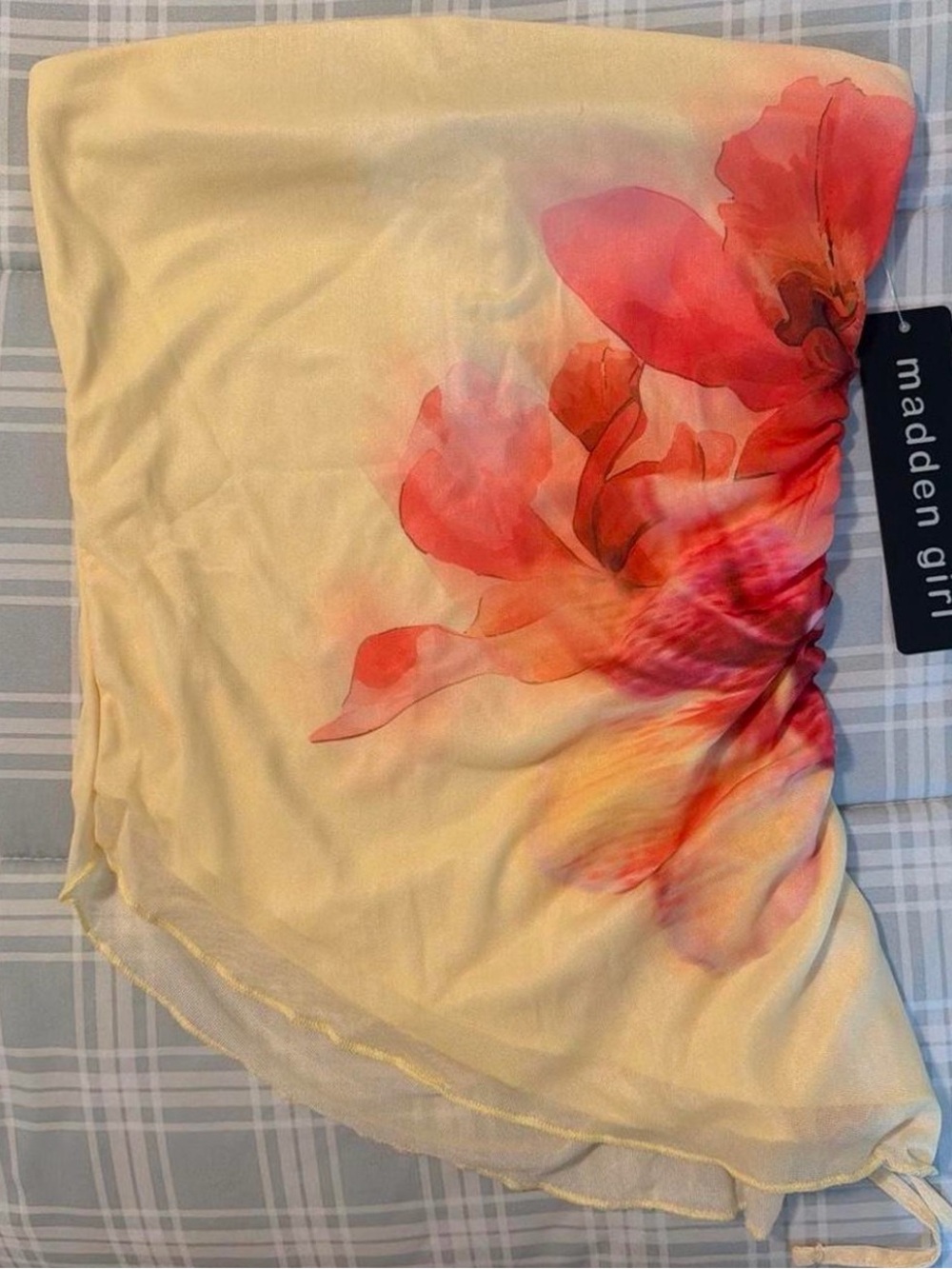 Madden Girl Yellow Strapless blouse with Pink-Orange Floral Print